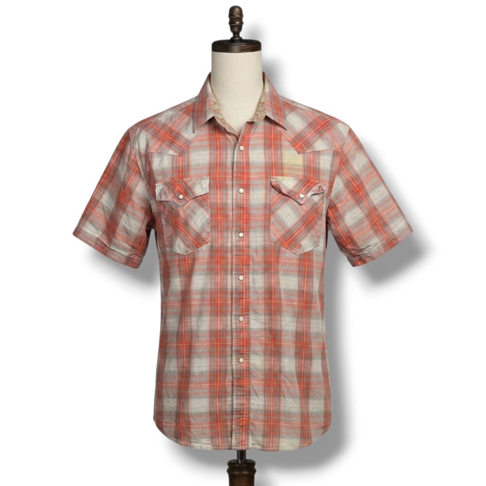 Roper Wear the West Mens Coral Plaid Paisley Trim Pearl Snap Western Shirt Large